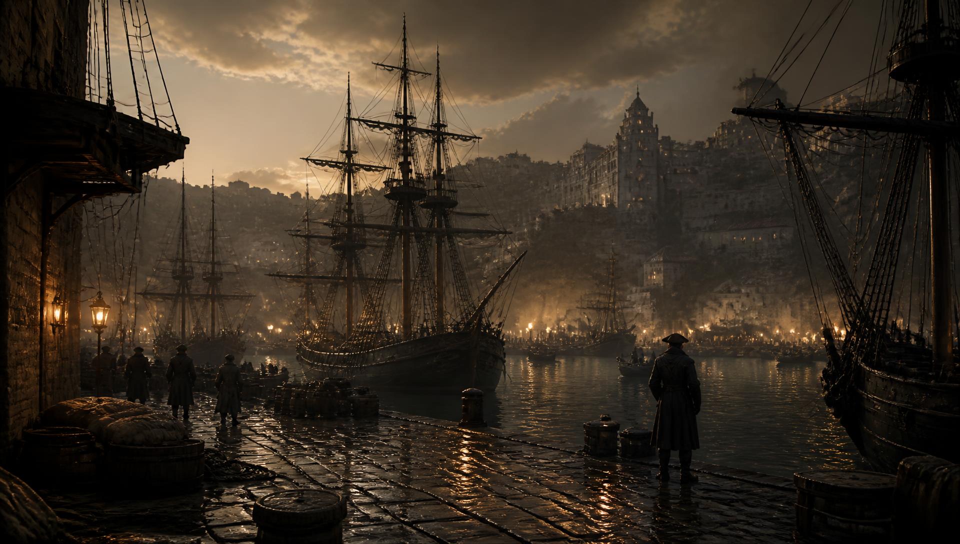 A historical Mediterranean harbour at dusk, tall ships moored along a lantern-lit stone quay