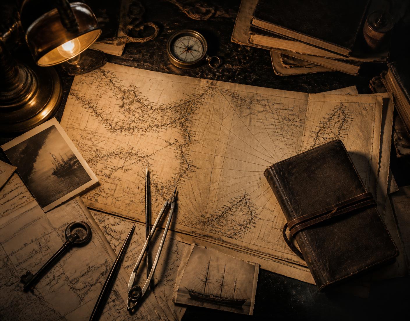 Archive desk with period maps, sepia photographs, dividers and a leather notebook under lamplight